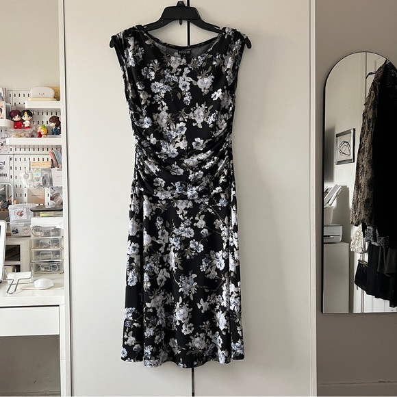 Vintage Floral Ruched Midi Dress Black Blue White Cap Sleeve 90s Cottagecore SM - Picture 7 of 9